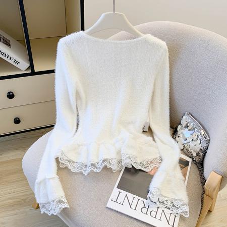 秋冬蝴蝶结蕾丝拼接毛绒长袖针织衫新款纯欲风内搭打底衫