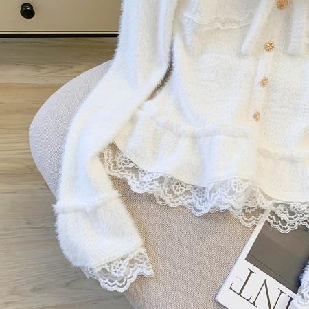 秋冬蝴蝶结蕾丝拼接毛绒长袖针织衫新款纯欲风内搭打底衫