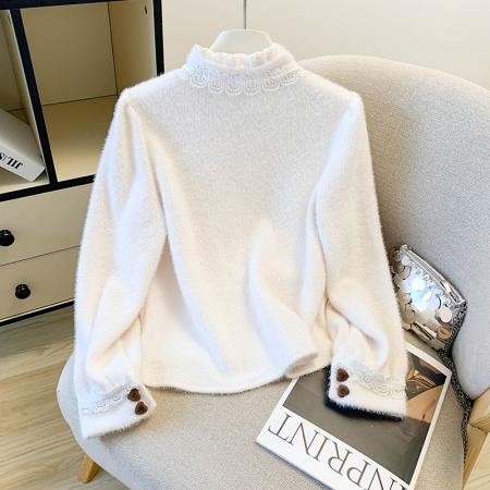 秋冬新款甜美复古木耳花边爱心纽扣毛绒针织上衣小众宽松绒衫