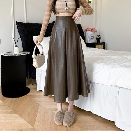 FA52448# a字伞裙半身裙女秋冬大摆皮裙高腰中长裙遮胯pu皮长裙子