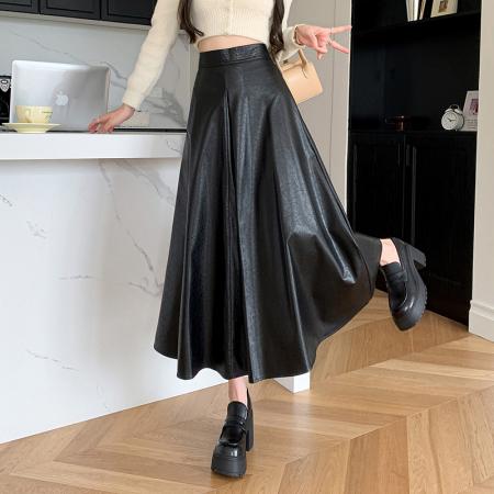 FA52448# a字伞裙半身裙女秋冬大摆皮裙高腰中长裙遮胯pu皮长裙子