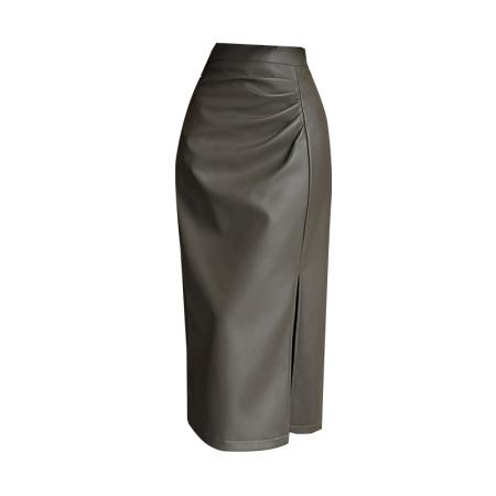 FA52449# 半身裙女秋冬pu包臀高腰百褶中长款裙子设计感褶皱小皮裙