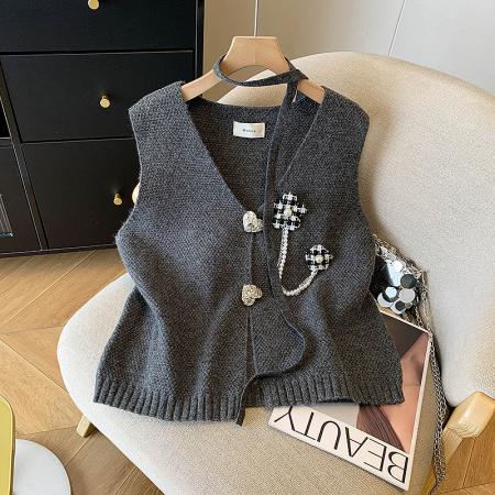 高端南油女装法式立体花朵v领针织马甲秋款叠穿无袖马夹上衣