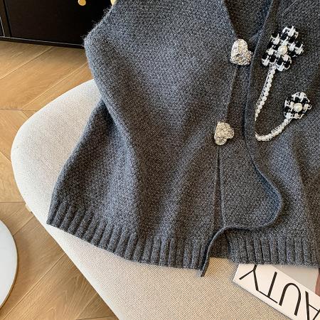 FA52453# 高端南油女装法式立体花朵v领针织马甲秋款叠穿无袖马夹上衣