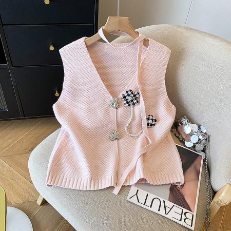 FA52453# 高端南油女装法式立体花朵v领针织马甲秋款叠穿无袖马夹上衣
