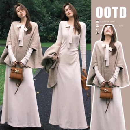 FA52456# 秋冬减龄气质连衣裙+韩版小香风斗篷呢子外套