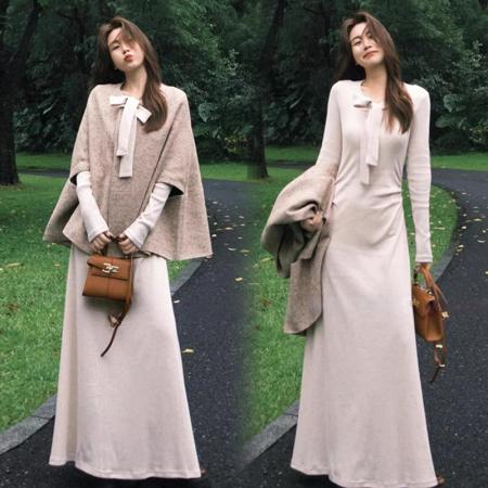FA52456# 秋冬减龄气质连衣裙+韩版小香风斗篷呢子外套