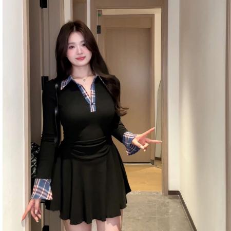 胖MM大码纯欲格子拼接Polo领上衣修身设计感长袖连衣裙