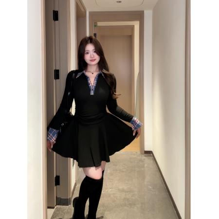 FA52457# 胖MM大码纯欲格子拼接Polo领上衣修身设计感长袖连衣裙