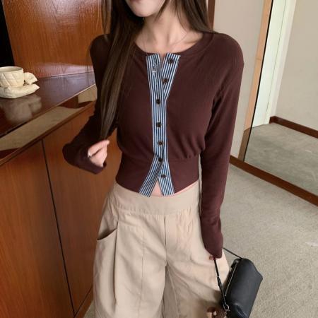 撞色条纹拼接设计感长袖开衫圆领内搭T恤短款上衣