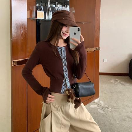 撞色条纹拼接设计感长袖开衫圆领内搭T恤短款上衣