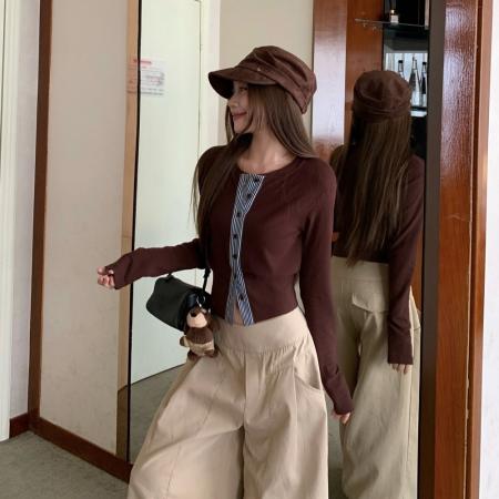 撞色条纹拼接设计感长袖开衫圆领内搭T恤短款上衣