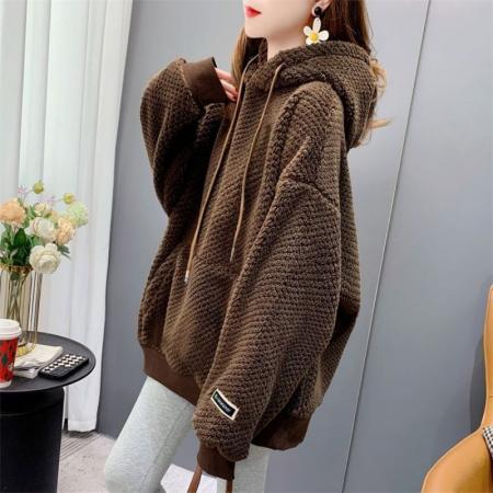 FA52464# 菠萝格复合真超秋冬季新款加绒加厚洋气连帽卫衣外套