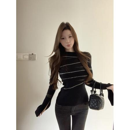 FA52465# 风独特气质性感烫钻针织衫女秋冬设计感修身上衣
