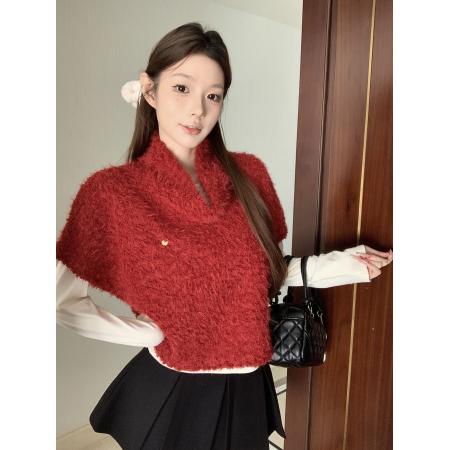 FA52466# 法式慵懒风高领毛绒叠穿+长袖打底衫两件套套装