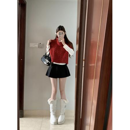 FA52466# 法式慵懒风高领毛绒叠穿+长袖打底衫两件套套装