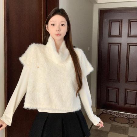 FA52466# 法式慵懒风高领毛绒叠穿+长袖打底衫两件套套装