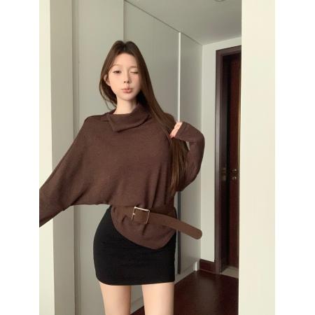 FA52467# 复古设计感蝙蝠袖捏褶扣宽松显瘦气质小衫配腰带