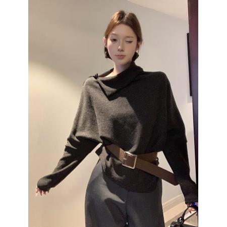 FA52467# 复古设计感蝙蝠袖捏褶扣宽松显瘦气质小衫配腰带