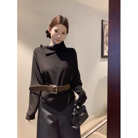 FA52467# 复古设计感蝙蝠袖捏褶扣宽松显瘦气质小衫配腰带