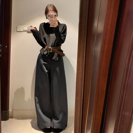 FA52467# 复古设计感蝙蝠袖捏褶扣宽松显瘦气质小衫配腰带