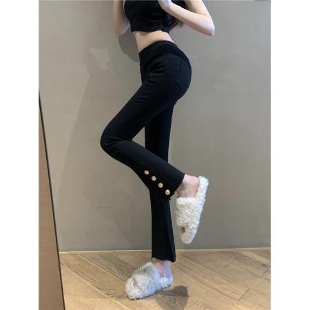 FA52469# 设计感心机扣子长裤高腰修身开叉裤子