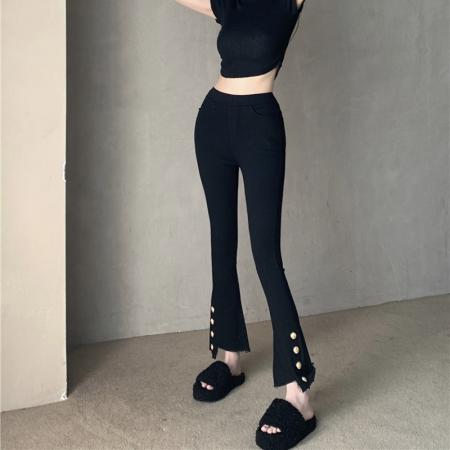 FA52469# 设计感心机扣子长裤高腰修身开叉裤子