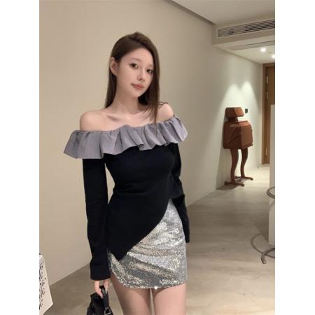 FA52470# 韩系甜辣妹一字肩荷叶边不规则抽绳百搭洋气上衣女