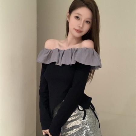 FA52470# 韩系甜辣妹一字肩荷叶边不规则抽绳百搭洋气上衣女