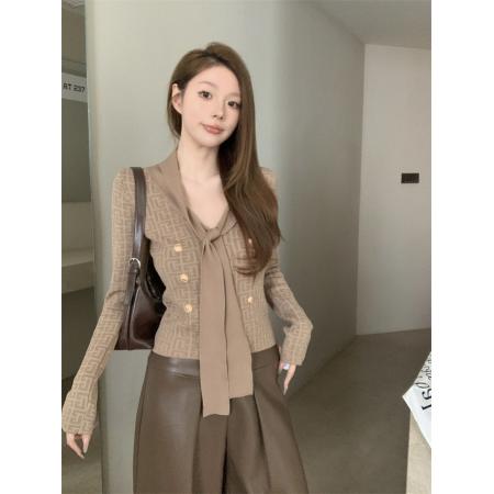 FA52471# 法式重工提花飘带修身v领双排扣针织衫女小香风长袖上衣