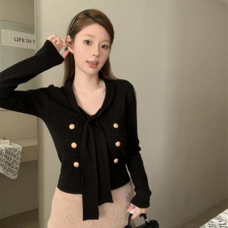 FA52471# 法式重工提花飘带修身v领双排扣针织衫女小香风长袖上衣