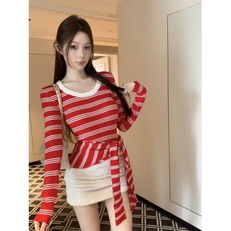 FA52472# 复古撞色条纹圆领长袖针织衫女秋季气质显瘦休闲上衣