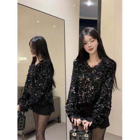 重工亮片长袖打底衫新款韩版百搭显瘦气质名媛上衣