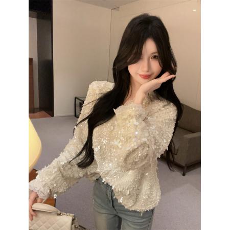 重工亮片长袖打底衫新款韩版百搭显瘦气质名媛上衣