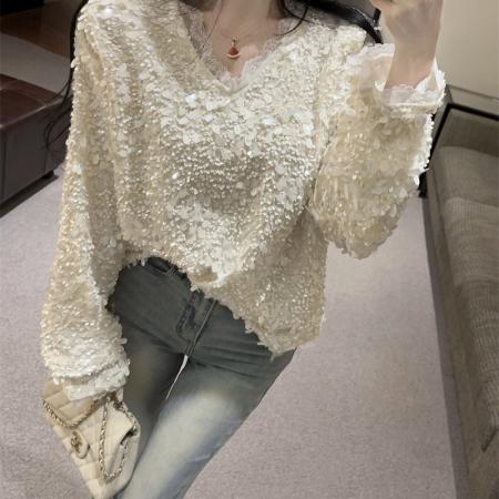 重工亮片长袖打底衫新款韩版百搭显瘦气质名媛上衣