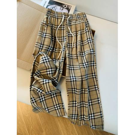 韩系格子裤慵懒宽松显瘦格纹阔腿裤休闲杏色拖地休闲裤