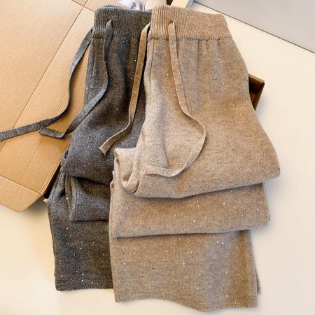 系带松紧高腰垂感直筒针织阔腿裤女秋冬宽松外穿洋气软糯拖