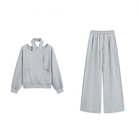 秋冬新款露肩挂脖卫衣休闲露背上衣阔腿裤两件套装潮女