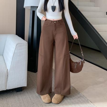 美式咖色工装阔腿牛仔裤女冬季新款宽松显瘦百搭直筒裤