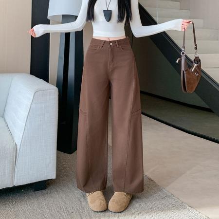 美式咖色工装阔腿牛仔裤女冬季新款宽松显瘦百搭直筒裤