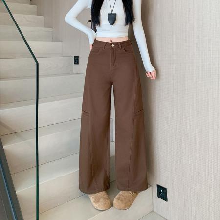 美式咖色工装阔腿牛仔裤女冬季新款宽松显瘦百搭直筒裤