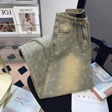 美式高街重工做旧水洗黄泥牛仔裤男女春秋高级感痞帅直筒阔腿长裤