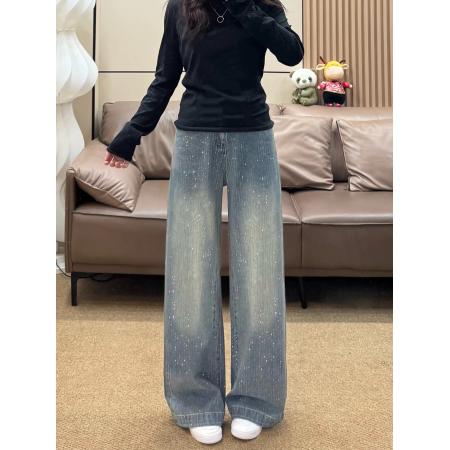 满天星烫钻阔腿牛仔裤女秋冬高腰宽松显瘦直筒拖地裤