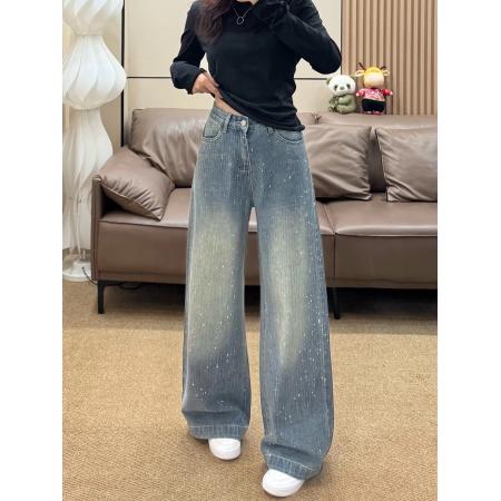 满天星烫钻阔腿牛仔裤女秋冬高腰宽松显瘦直筒拖地裤