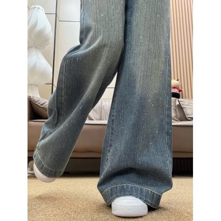 满天星烫钻阔腿牛仔裤女秋冬高腰宽松显瘦直筒拖地裤