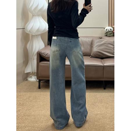 满天星烫钻阔腿牛仔裤女秋冬高腰宽松显瘦直筒拖地裤