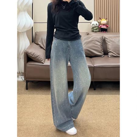 满天星烫钻阔腿牛仔裤女秋冬高腰宽松显瘦直筒拖地裤