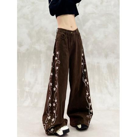 刺绣花设计感抓绒休闲牛仔裤女秋新款高腰宽松显瘦百搭直筒阔腿裤