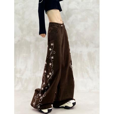 刺绣花设计感抓绒休闲牛仔裤女秋新款高腰宽松显瘦百搭直筒阔腿裤