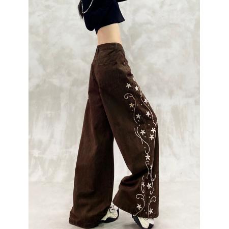 刺绣花设计感抓绒休闲牛仔裤女秋新款高腰宽松显瘦百搭直筒阔腿裤